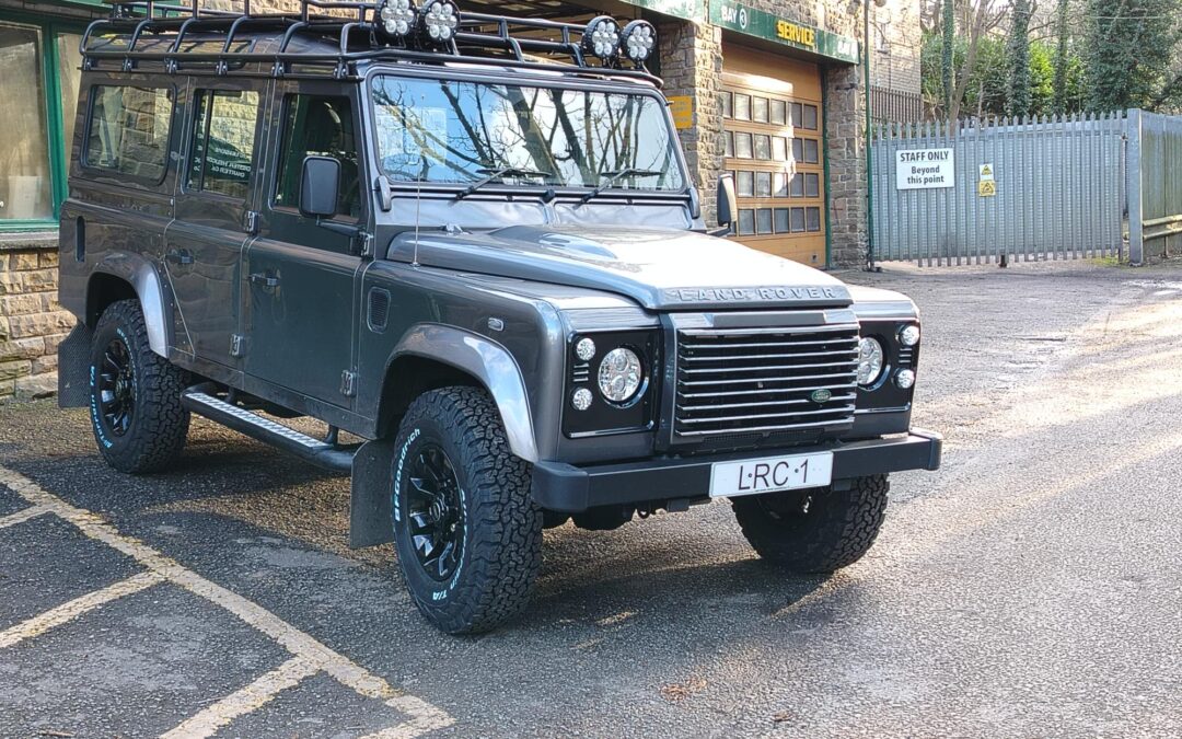 Land Rover Defender 110 came in for new accessories! New wheels & amp; tyres, led lights all round, front black grill set, roof rack inc lights and a full stainless steel bolts.